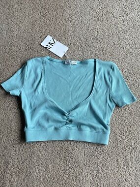 NWT Zara Light Blue Ribbed Scoop-Neck Crop Top size Small